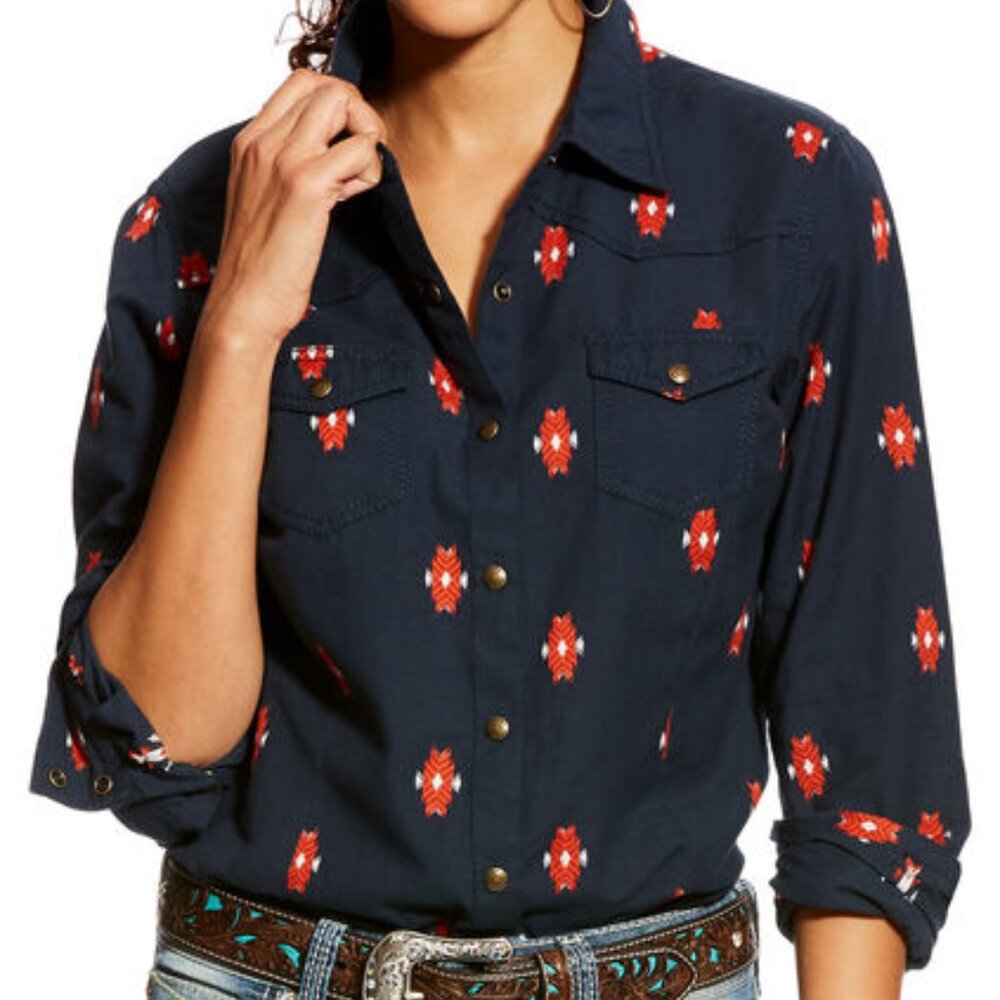 ARIAT REAL shirt aztec design navy/red long sleeve snaps - M